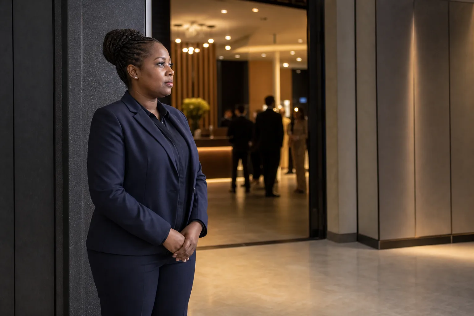 Professional security officer monitoring a corporate event entrance